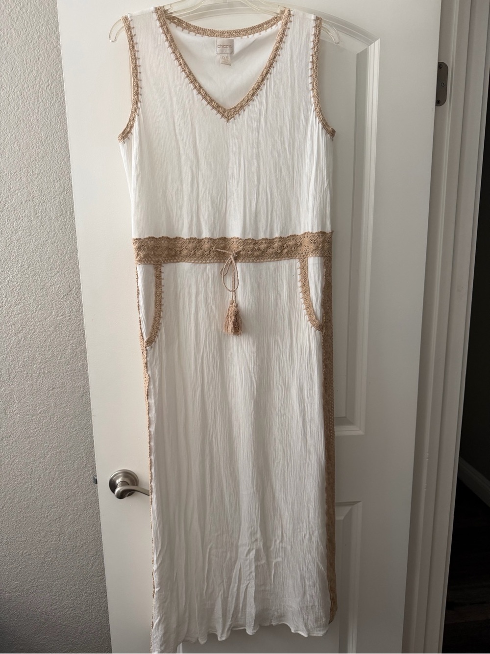 Chico's White Maxi Dress with Tan Crochet Trim